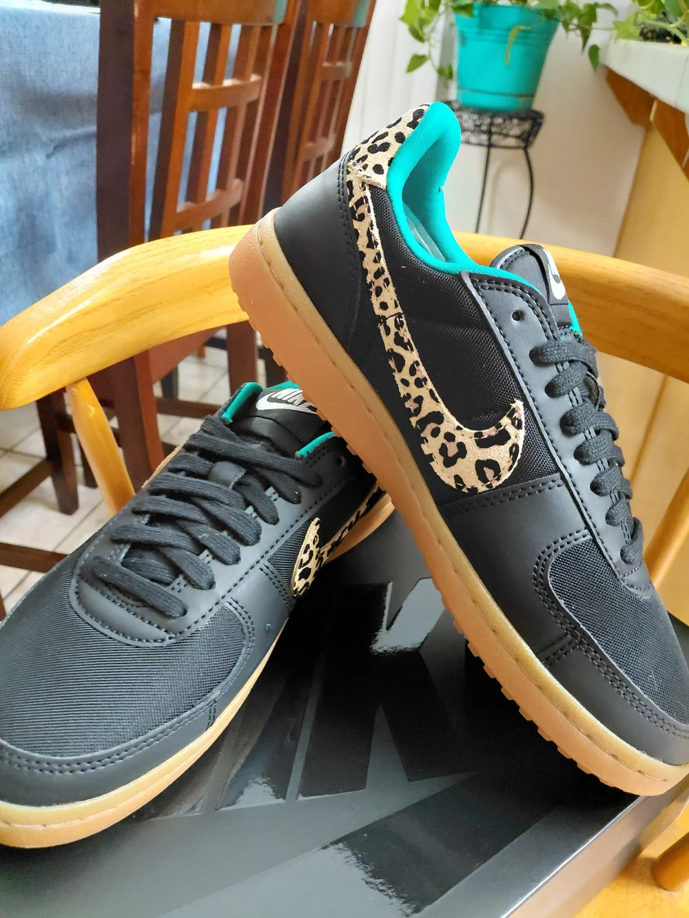 Brand New Women's Nike Field Black Sneakers with Leopard Swoosh and Teal Lining